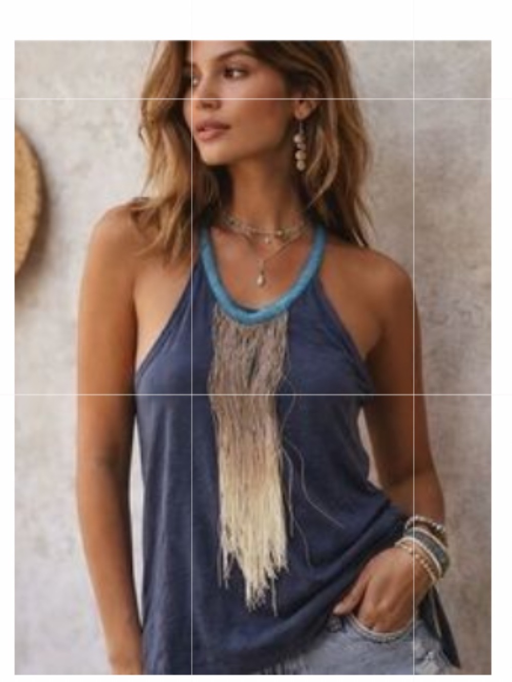 Free people Boho Blue Fringe Necklace Tank Top